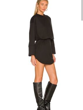 Black Long-Sleeve Mini Dress with Cinched Waist